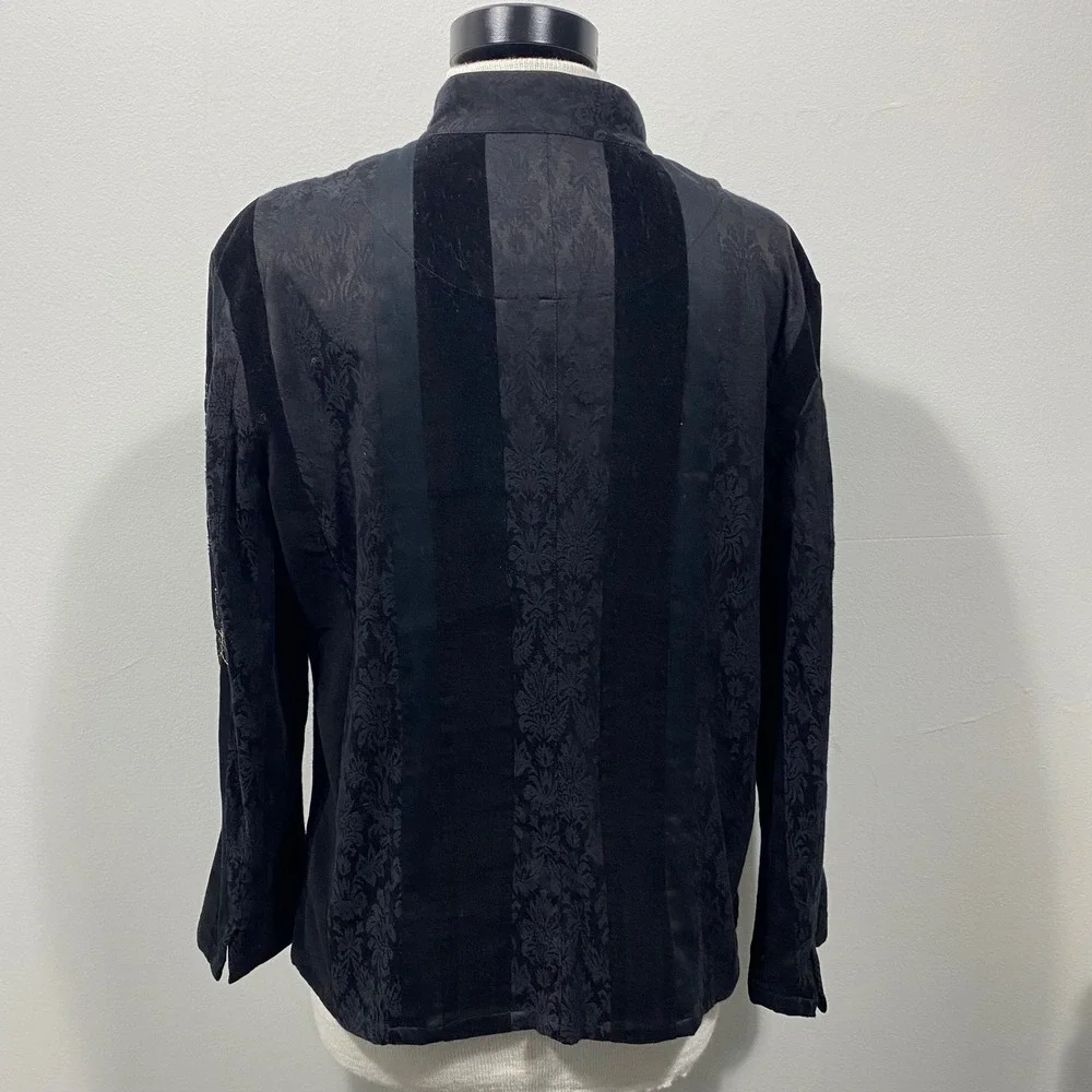 Susan Bristol Black Beaded Embroidered Velvet Satin Jacket Mandarin Collar Large